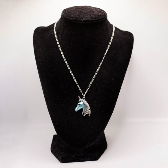 Handmade Light Blue & Pave Crystal Unicorn Magical Horse Necklace, New - Picture 2 of 2